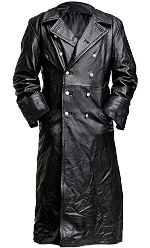German Classic WW2 Military Officer Black Leather Trench Coat